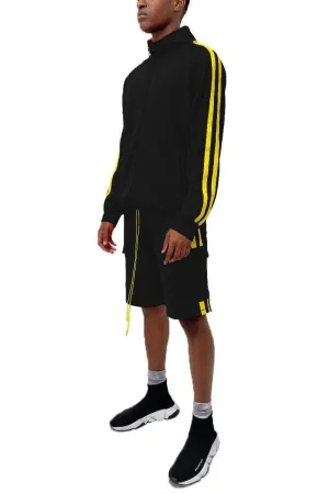 Mens Black Yellow Two Stripe Jacket Cargo Short Set