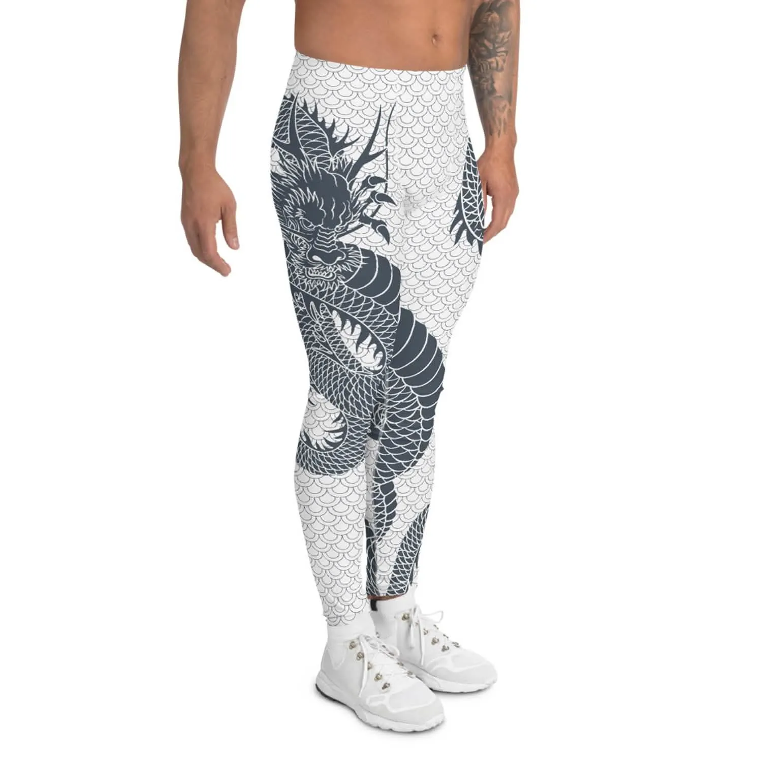 Men's Dragon Emblem Performance Leggings in White and Gray