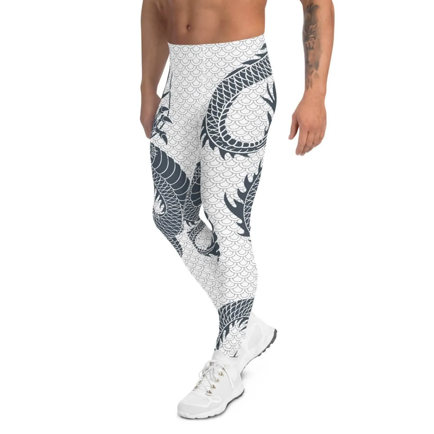 Men's Dragon Emblem Performance Leggings in White and Gray