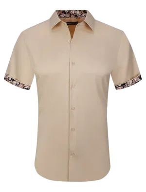 Men's khaki shirt short sleeves tan shirts paisley cuff on the sleeves