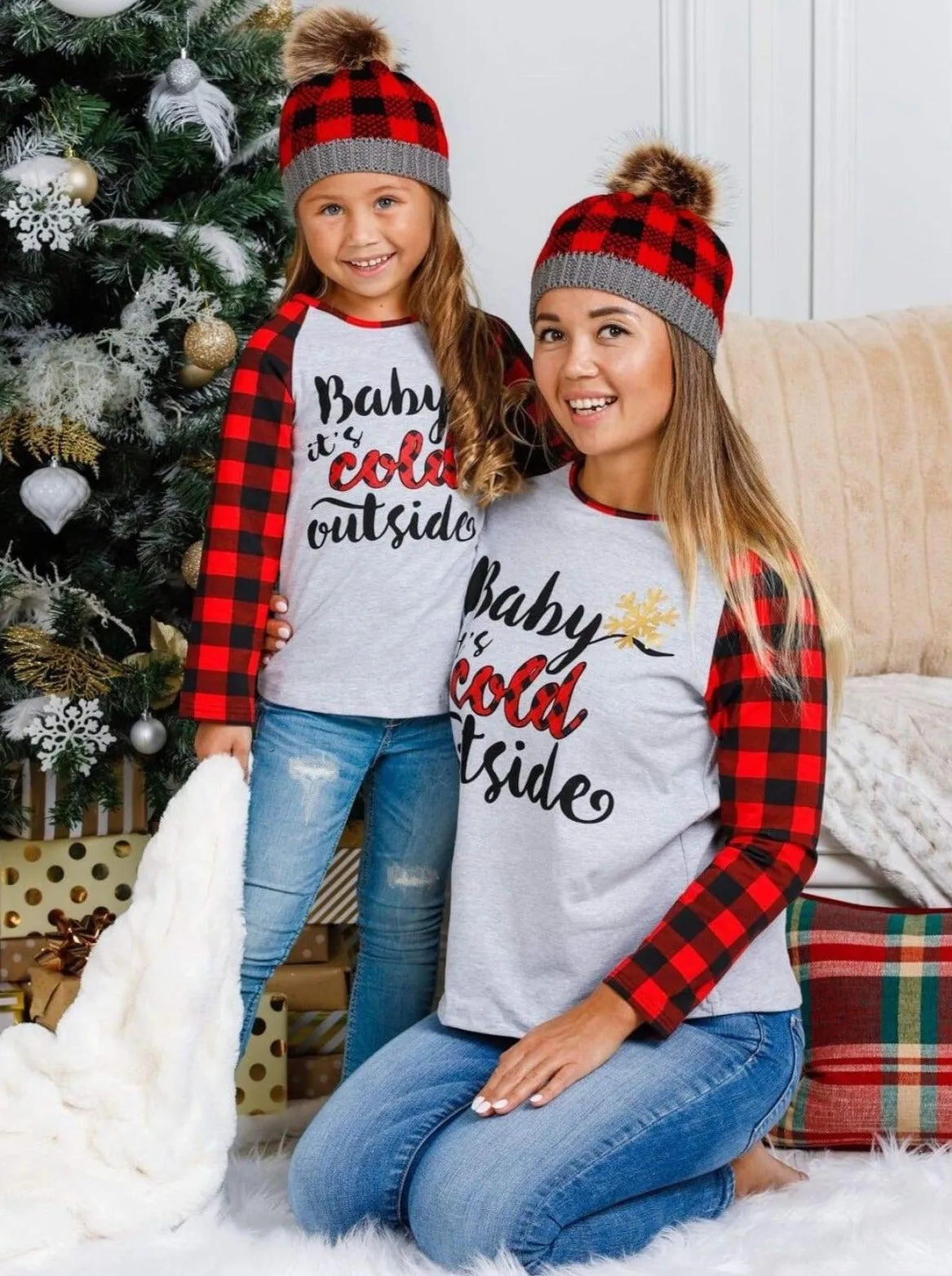 Mommy and Me Baby It's Cold Outside Plaid Raglan Top