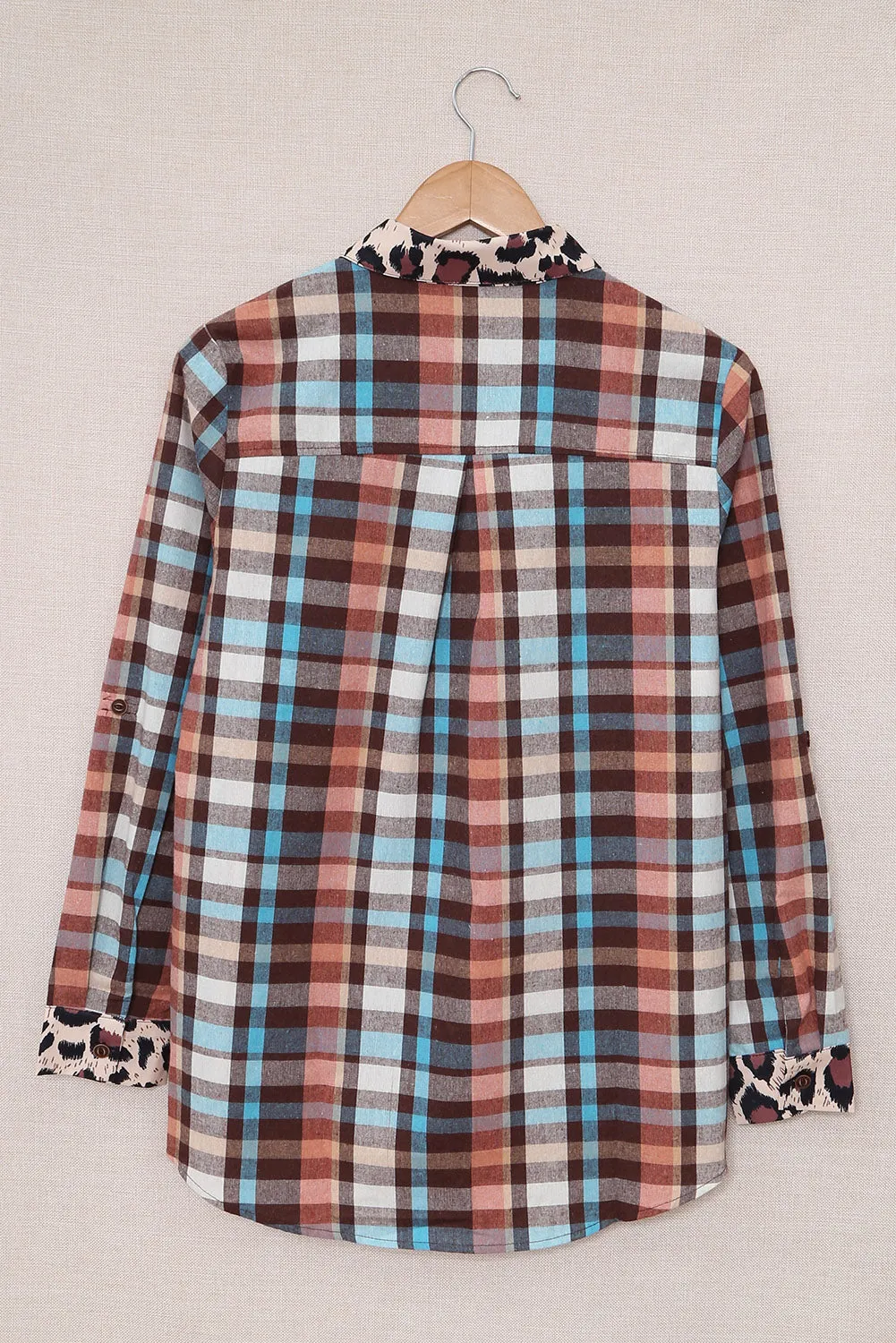 Multicolor Plaid Print Leopard Trim Button Down Womens Shirt