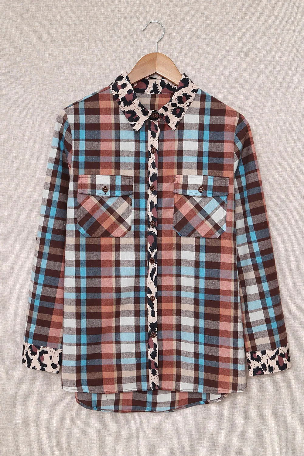 Multicolor Plaid Print Leopard Trim Button Down Womens Shirt