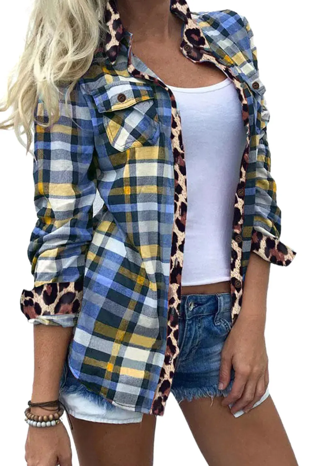 Multicolor Plaid Print Leopard Trim Button Down Womens Shirt