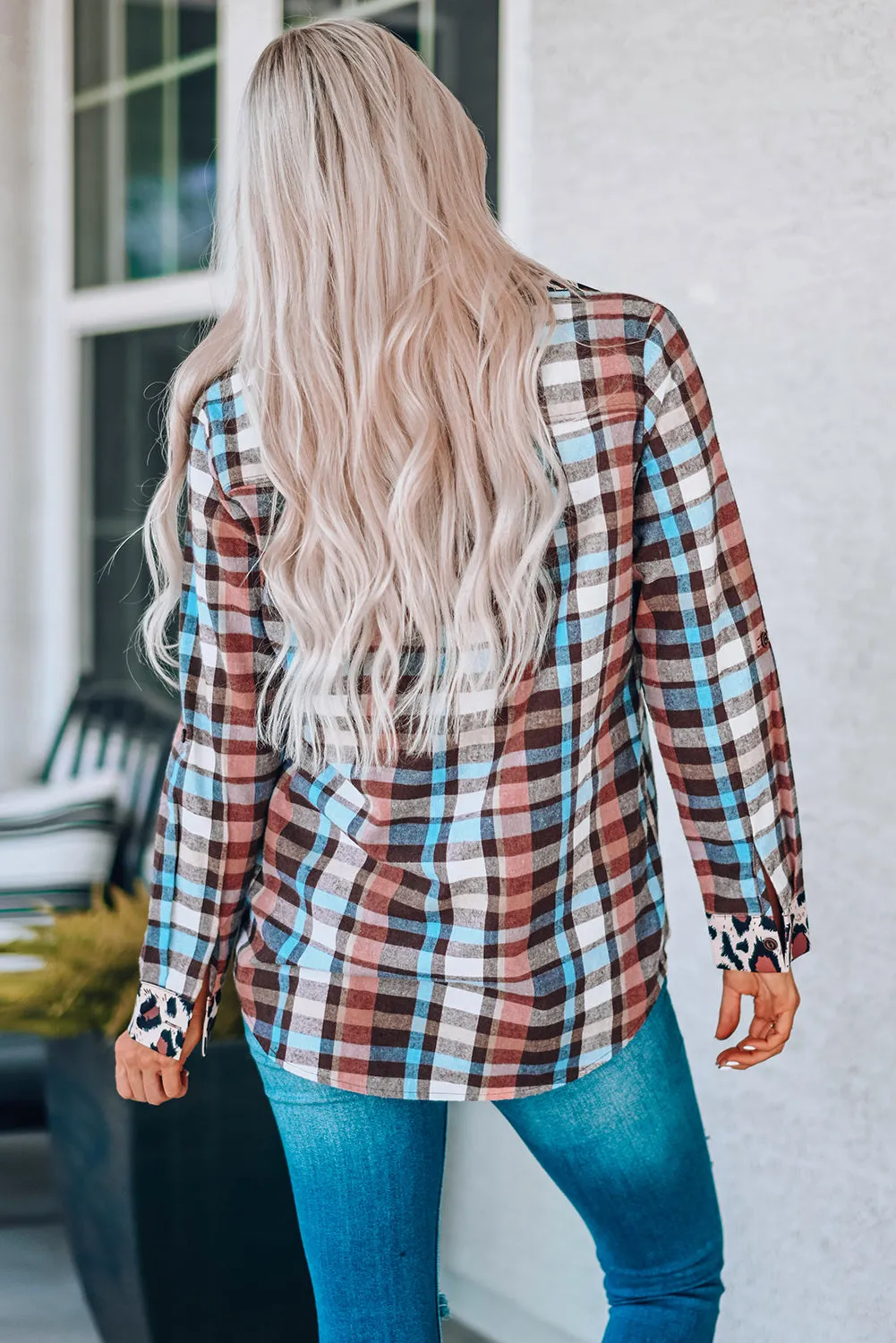 Multicolor Plaid Print Leopard Trim Button Down Womens Shirt