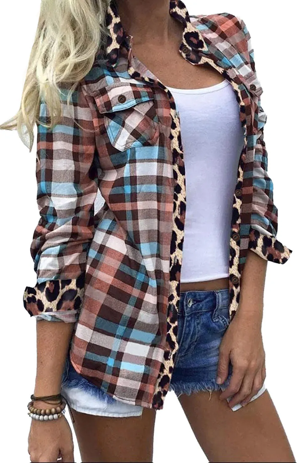 Multicolor Plaid Print Leopard Trim Button Down Womens Shirt