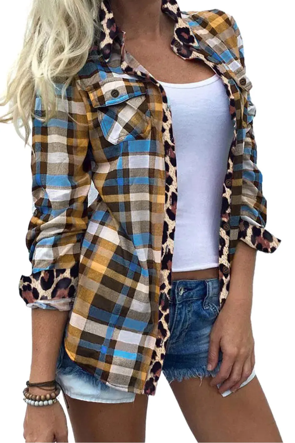 Multicolor Plaid Print Leopard Trim Button Down Womens Shirt