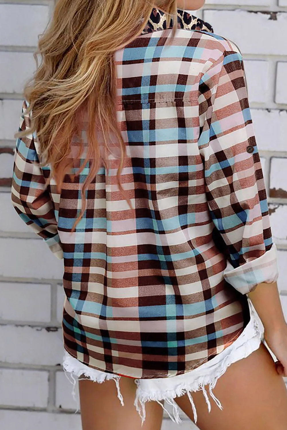 Multicolor Plaid Print Leopard Trim Button Down Womens Shirt