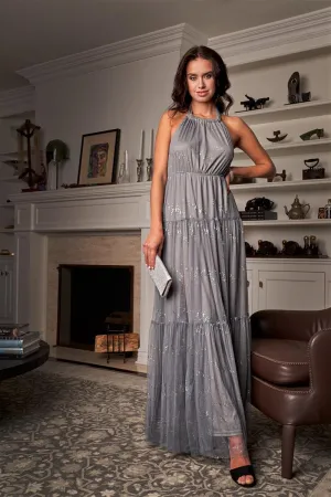 Mystic Grey Sleeveless Halter Neck Open Back Holographic Glitter Splashes Detail Tulle Gown /3-2-1