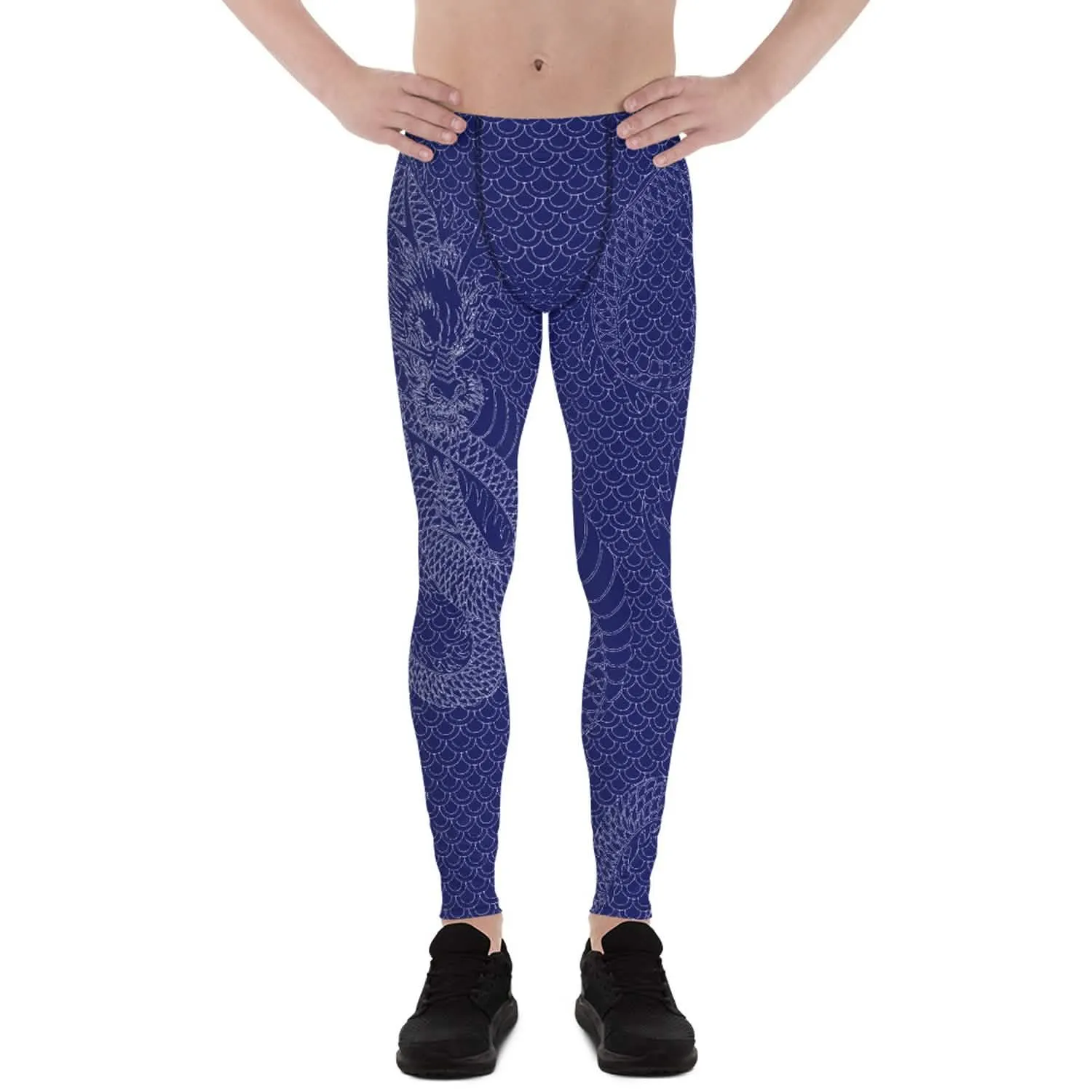 Navy Blue Dragon Print Men's Active Leggings for Performance and Comfort