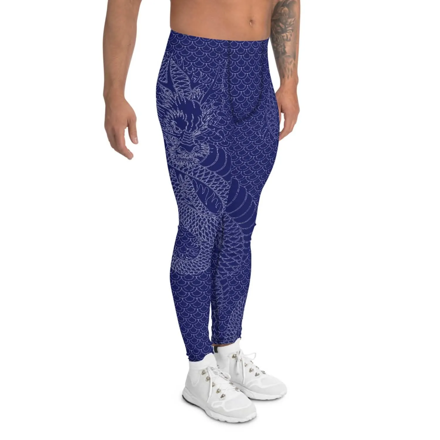 Navy Blue Dragon Print Men's Active Leggings for Performance and Comfort