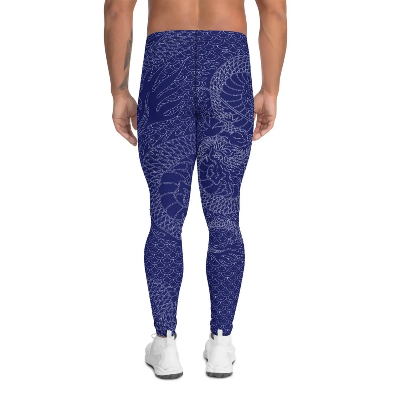 Navy Blue Dragon Print Men's Active Leggings for Performance and Comfort