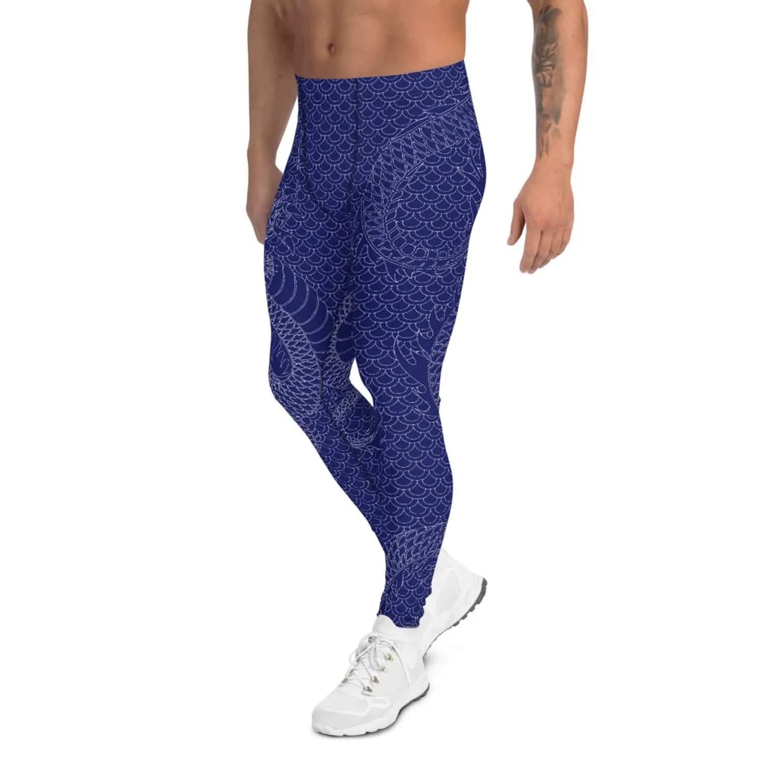 Navy Blue Dragon Print Men's Active Leggings for Performance and Comfort