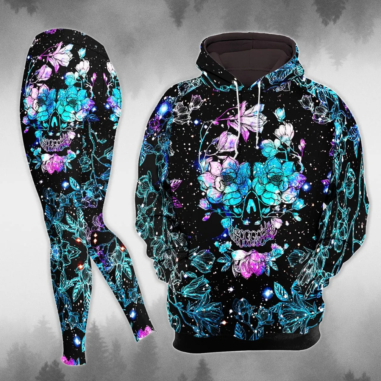 Neon Rainbow Skull Flower Combo Hoodie and Leggings