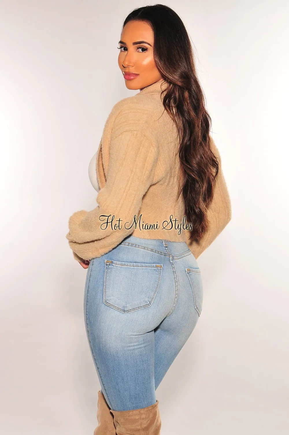 Nude Fuzzy Long Sleeve Crop Shrug Sweater