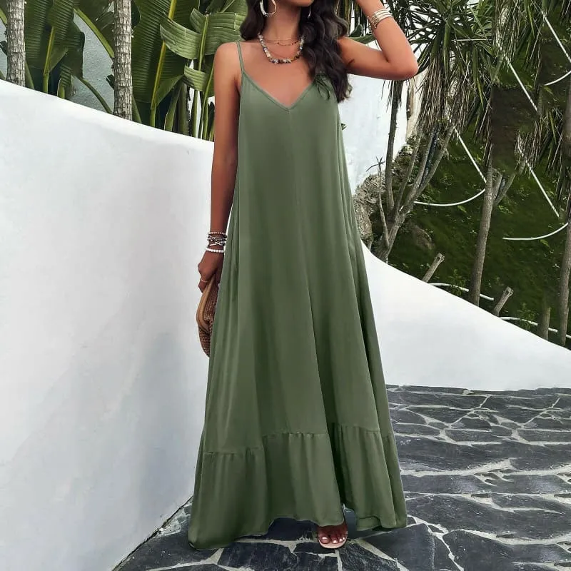 Olive Green Elegant Spring Maxi Dress with Spaghetti Straps