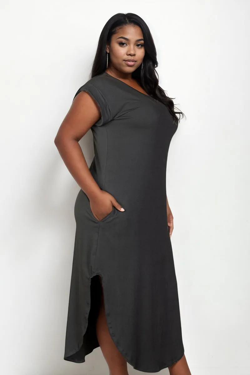 Plus Size Hidden Pocket Batwing Sleeve V Neck Long Dress (CAPELLA)