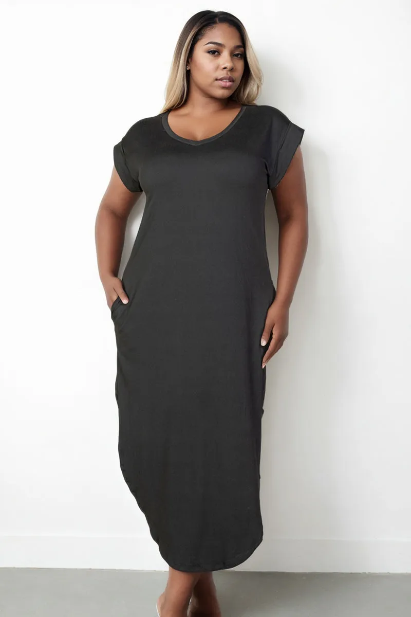 Plus Size Hidden Pocket Batwing Sleeve V Neck Long Dress (CAPELLA)