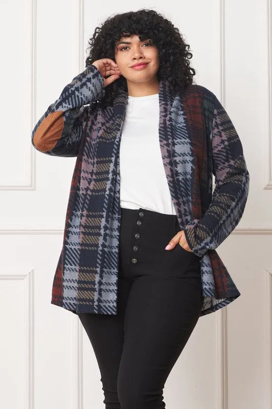 Plus Size Multi Color Plaid Elbow Patch Cardigan