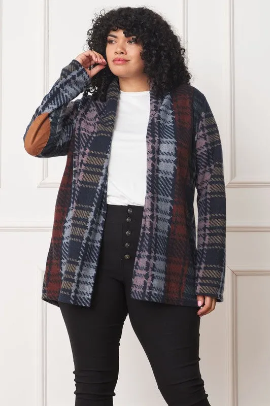 Plus Size Multi Color Plaid Elbow Patch Cardigan