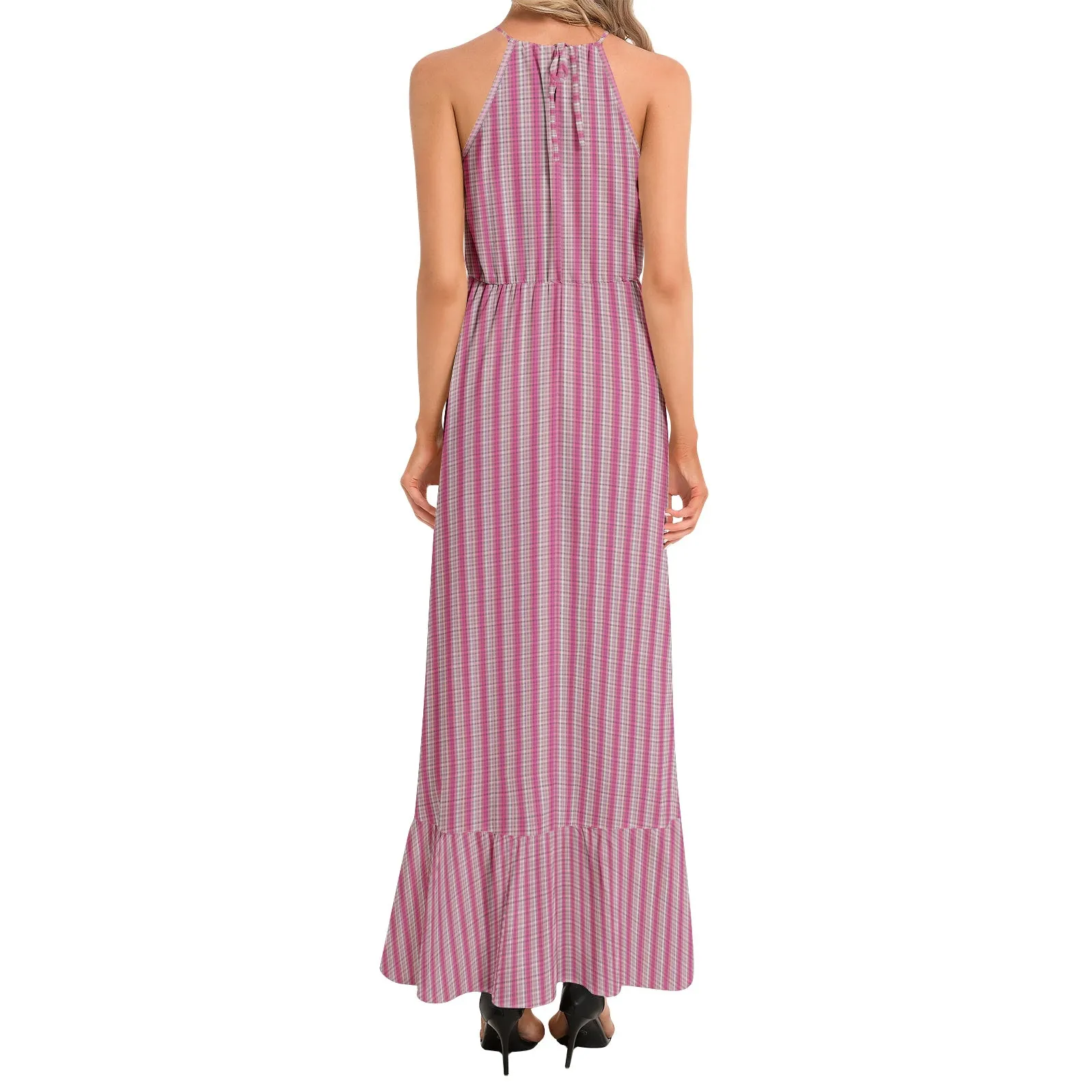 Polka dot Striped Ruffle Hem Halter Neck Maxi Dress