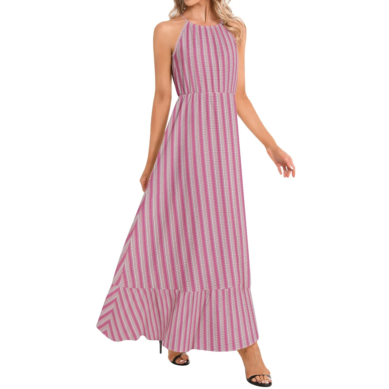 Polka dot Striped Ruffle Hem Halter Neck Maxi Dress