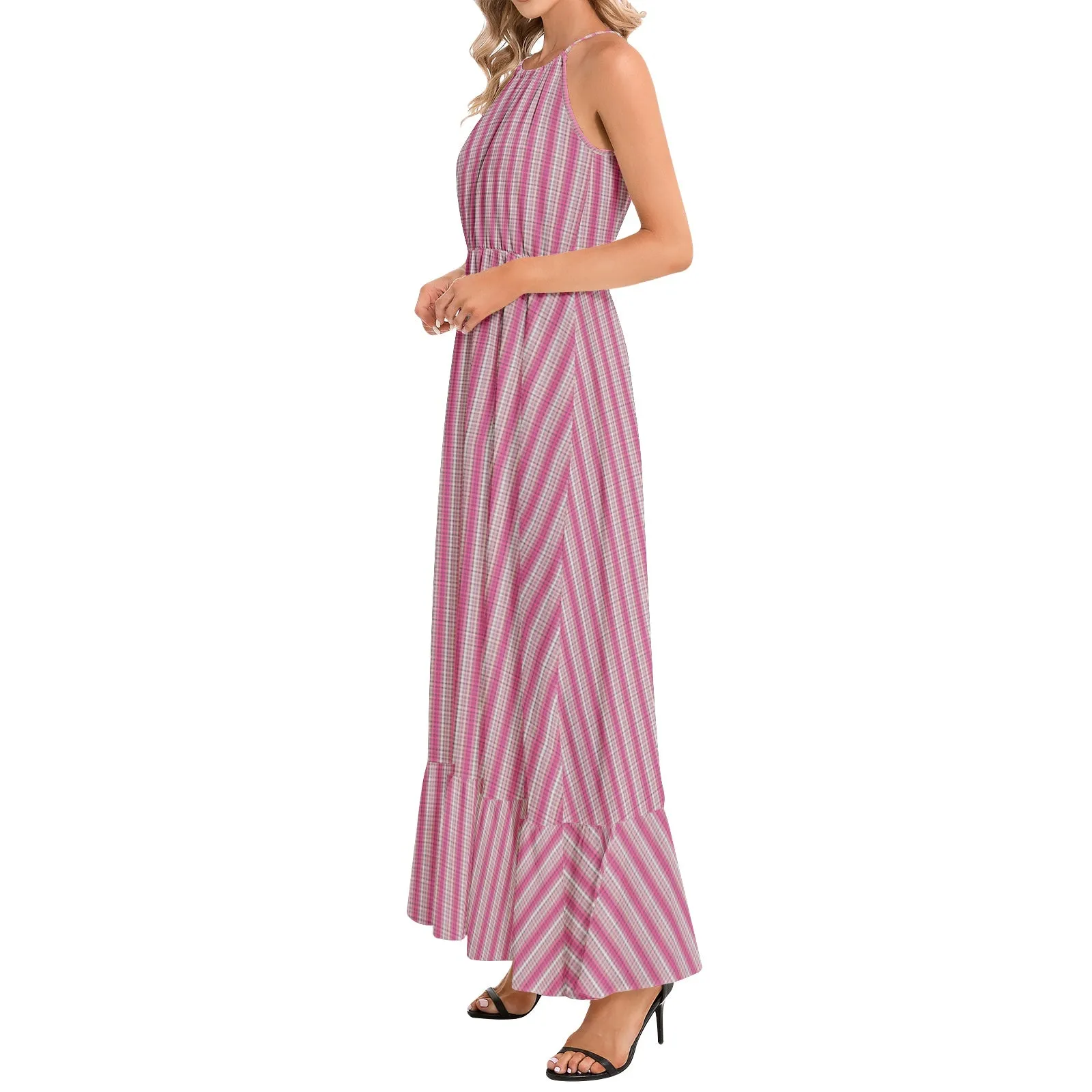 Polka dot Striped Ruffle Hem Halter Neck Maxi Dress