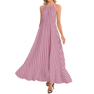 Polka dot Striped Ruffle Hem Halter Neck Maxi Dress