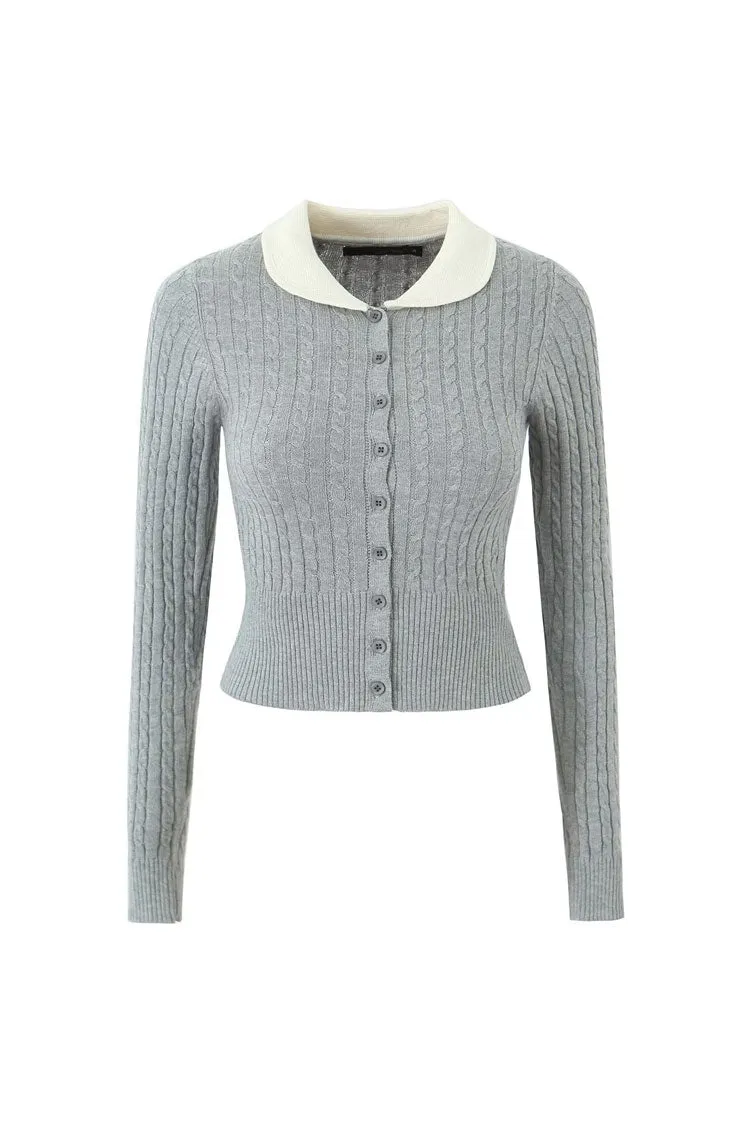 Preppy Contrast Peter Pan Collar Cable Knit Button Up Cropped Cardigan