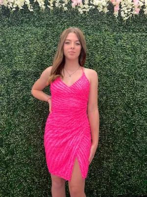 Primavera Couture 3861 Size 00 Neon Pink Short Homecoming dress Fitted sequin beaded short cocktail dress