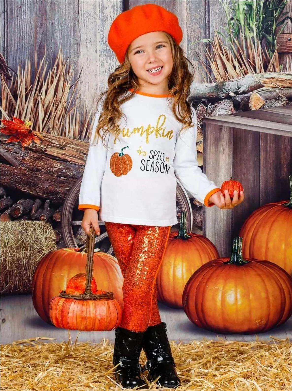 Pumpkin Spice Season Top And Bow Sequin Legging Set