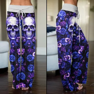 Purple Gothic Rose Skull High-waisted Wide Leg Pants