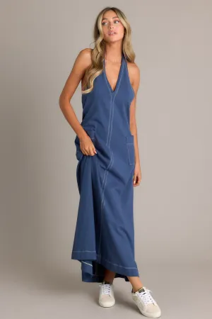 Radiant Charm 100% Cotton Navy Halter Maxi Dress