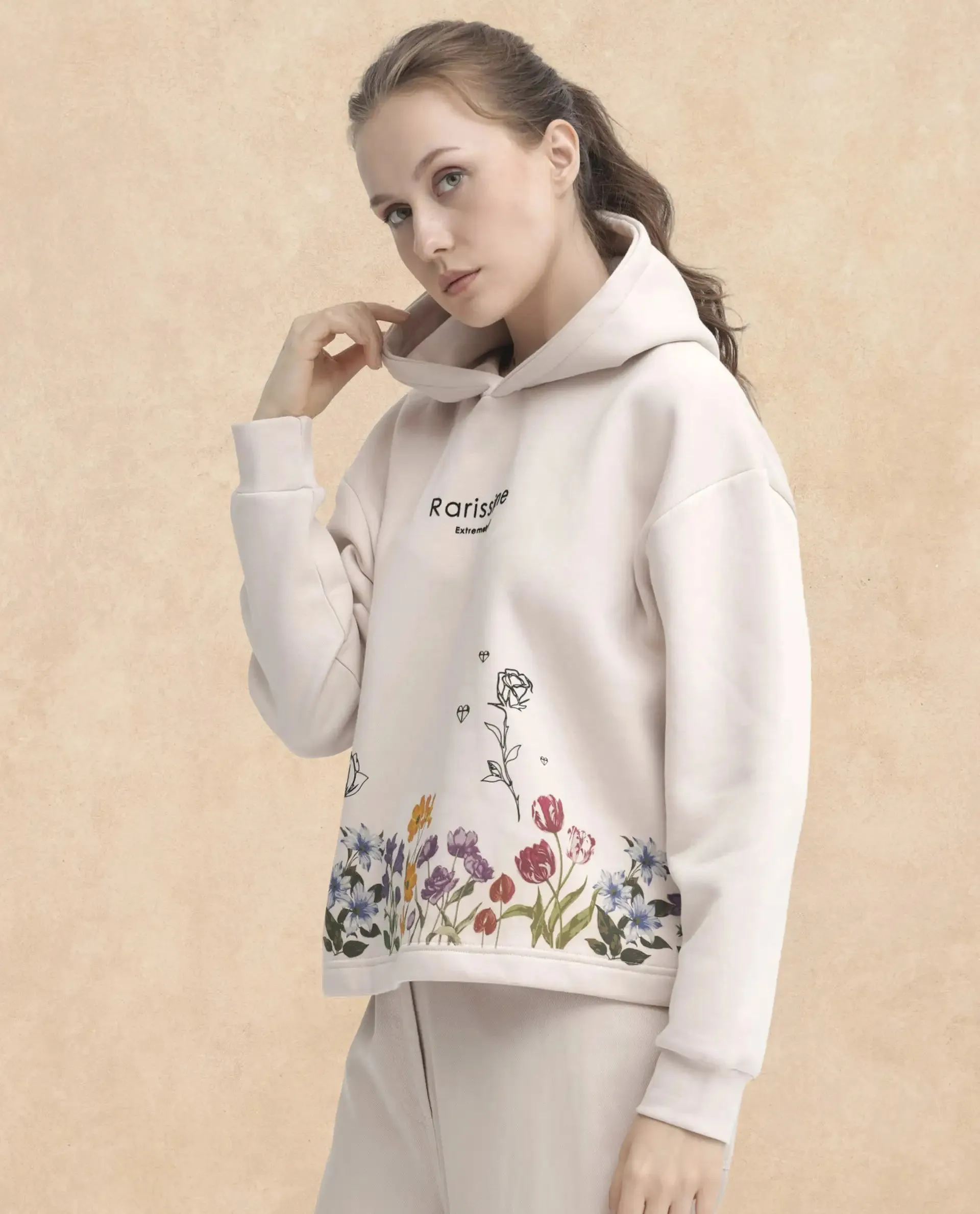 Rareism Articale Women Pearson Beige Poly Cotton Fabric Full Sleeves Cuffed Sleeve Hooded Regular Fit Floral Print Sweatshirt