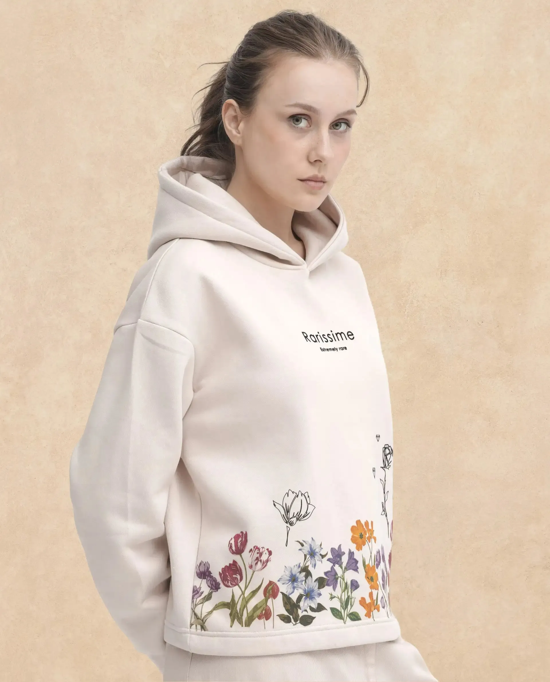 Rareism Articale Women Pearson Beige Poly Cotton Fabric Full Sleeves Cuffed Sleeve Hooded Regular Fit Floral Print Sweatshirt