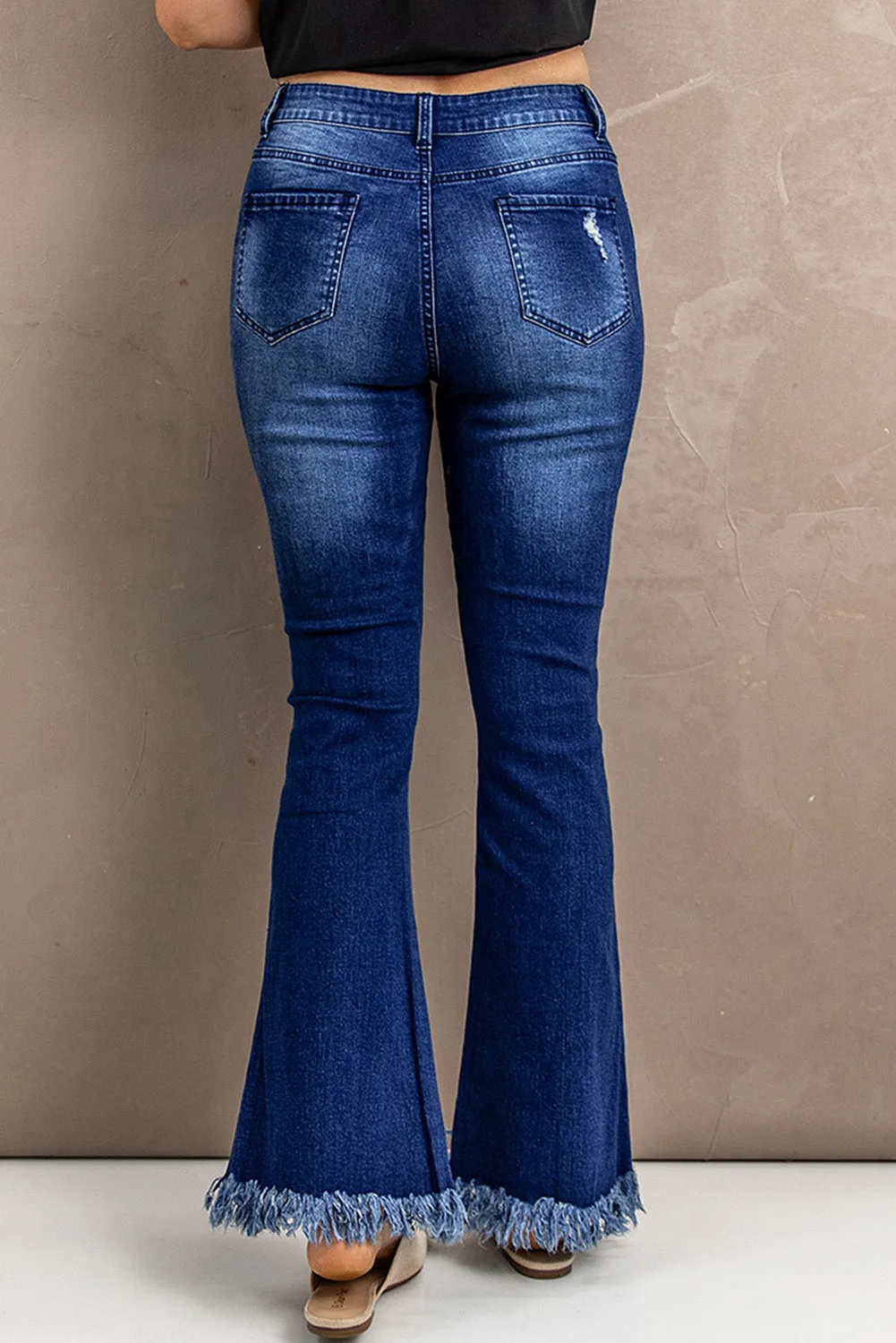 Raw Hem Flare Leg Jeans with Pockets