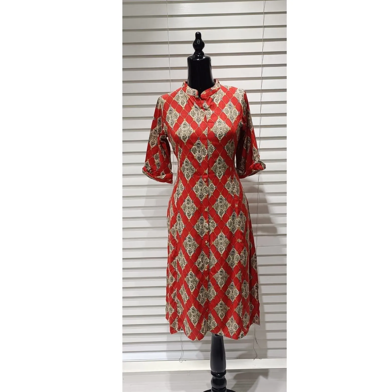 Red and Beige Printed Kurti with Mandarin Collar