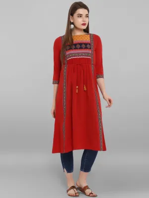 Red Floral Print Crepe Kurta For Women