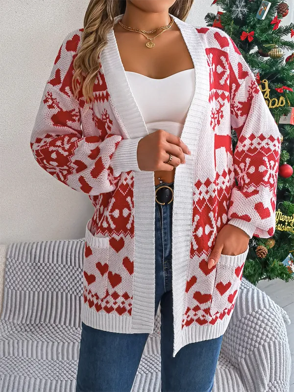 Reindeer Christmas Theme Long Sleeve Knit Cardigan