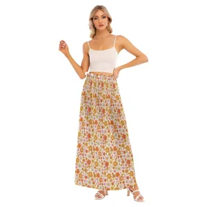 Retro Floral Women's Maxi Long Skirt with Slit, Flowy A Line Fringe Chiffon Boho Vintage Pink Pastel High Waisted Summer Designer