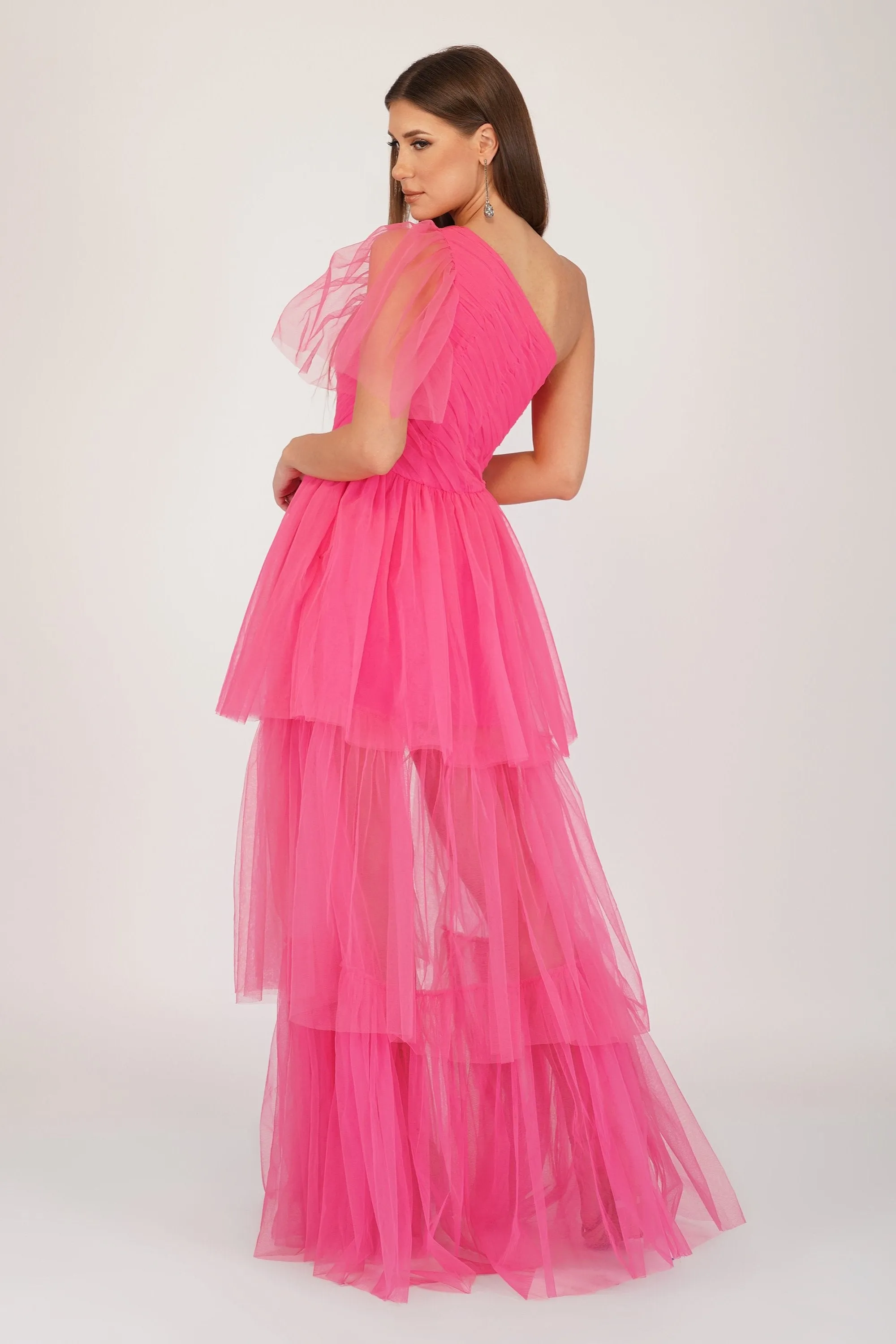 Rowena Bright Pink One Shoulder Tulle Gown