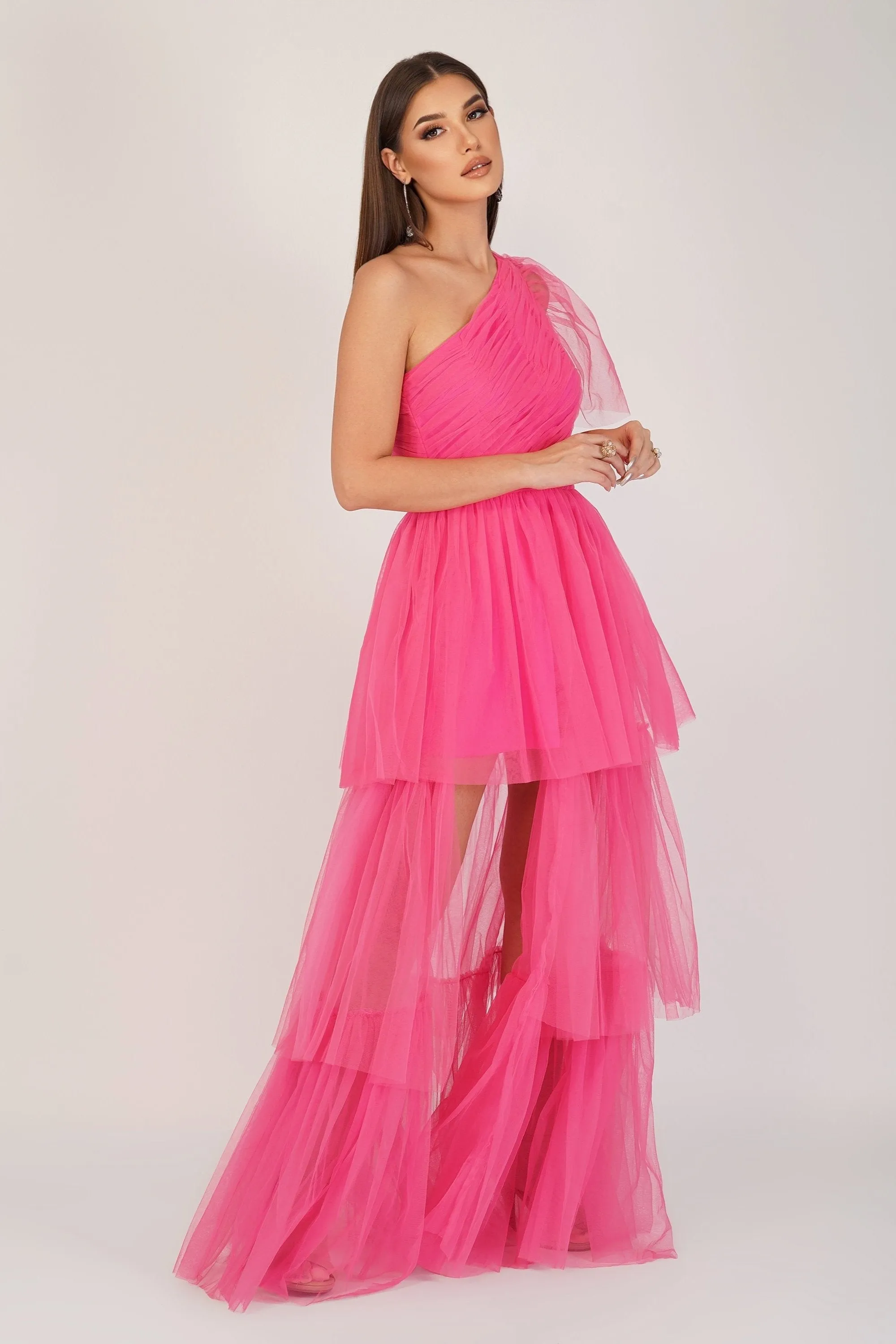 Rowena Bright Pink One Shoulder Tulle Gown