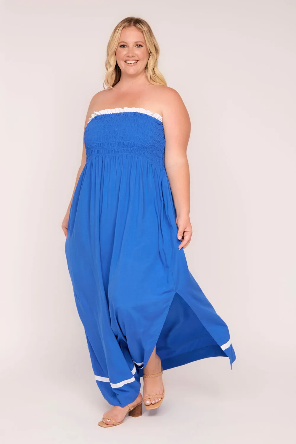 Sherry Shirred Strapless Maxi Dress in Blueberry Delight