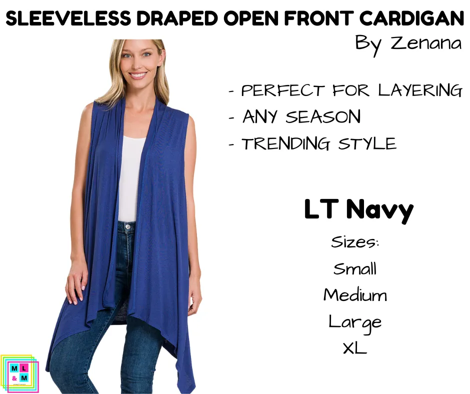 Sleeveless Draped Open Front Cardigan - LT Navy