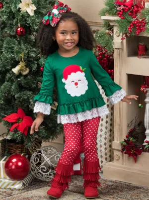 Smiley Santa Ruffled Tunic And Polka Dot Legging Set