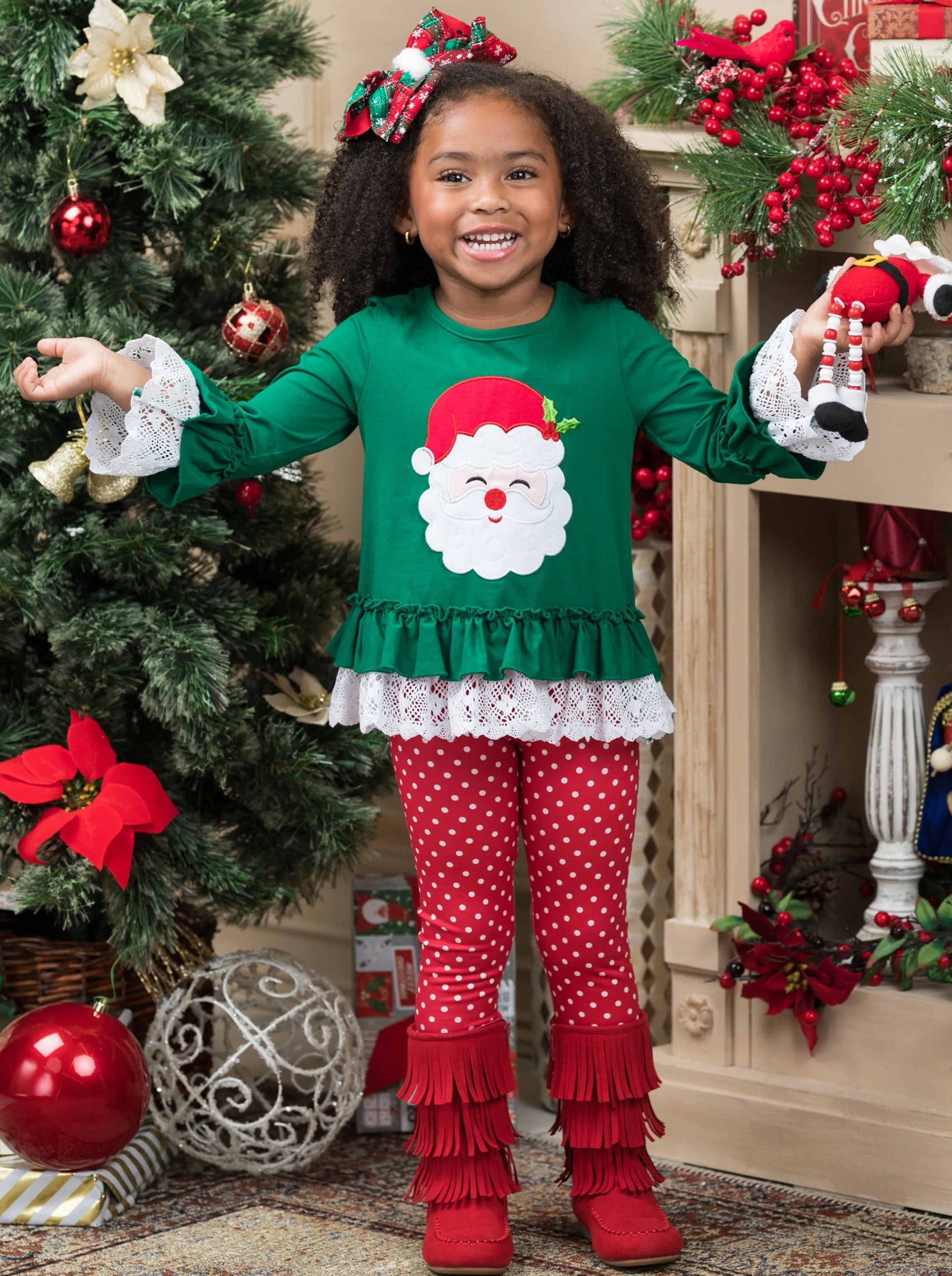 Smiley Santa Ruffled Tunic And Polka Dot Legging Set