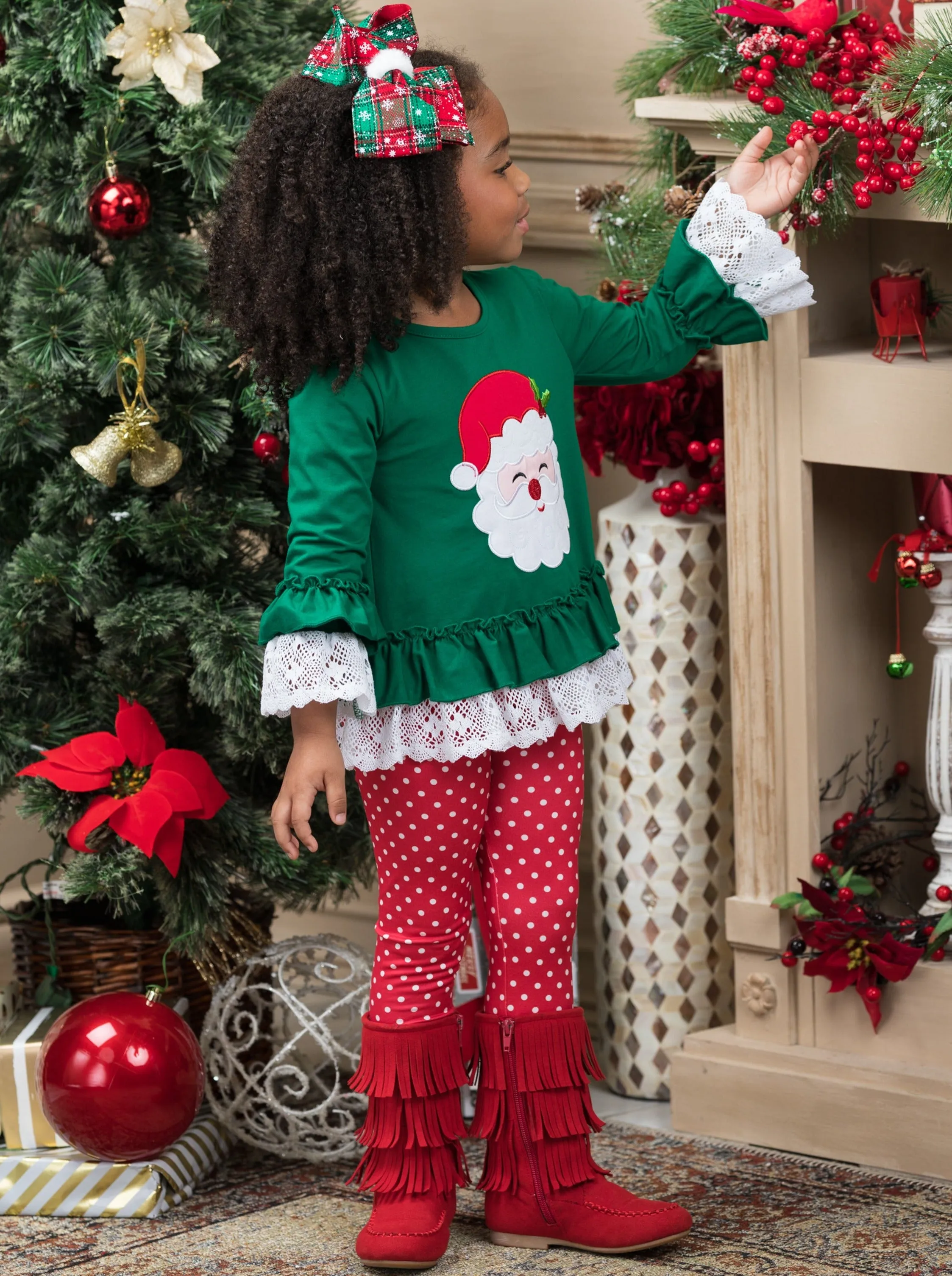 Smiley Santa Ruffled Tunic And Polka Dot Legging Set