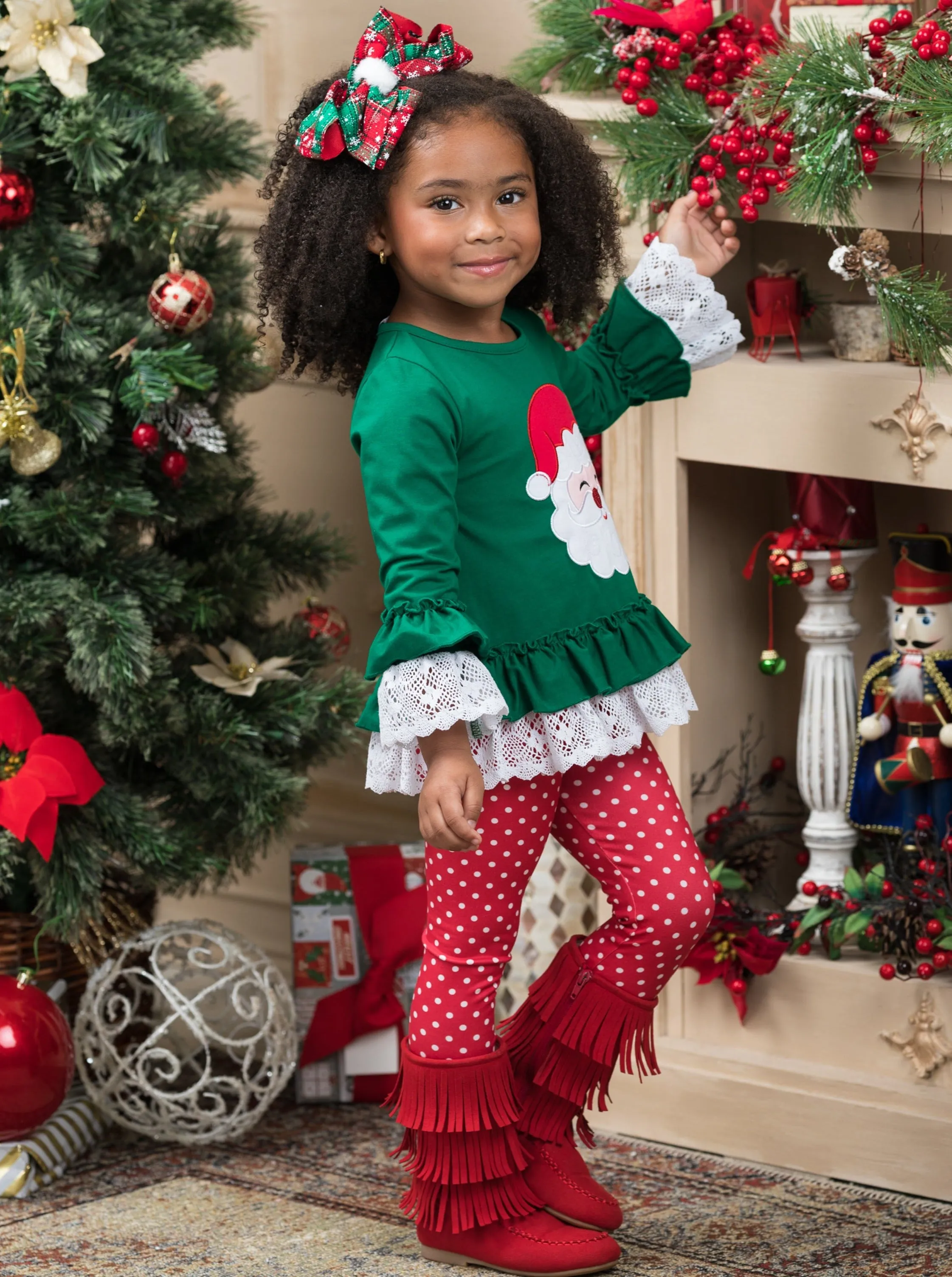 Smiley Santa Ruffled Tunic And Polka Dot Legging Set