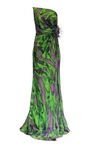 Strapless Green Purple Print Party Dress