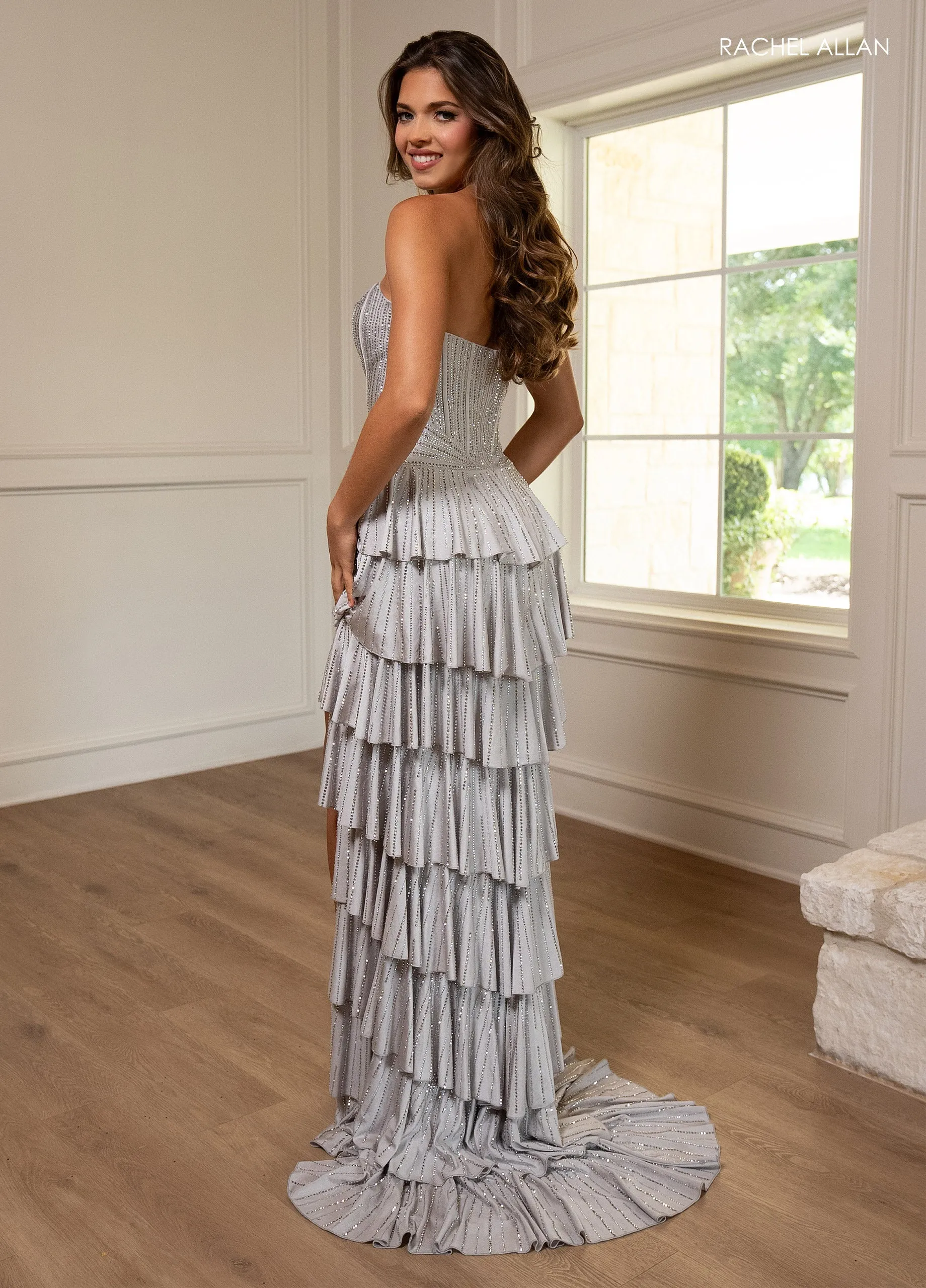 Strapless Tiered Slit Gown by Rachel Allan 70823